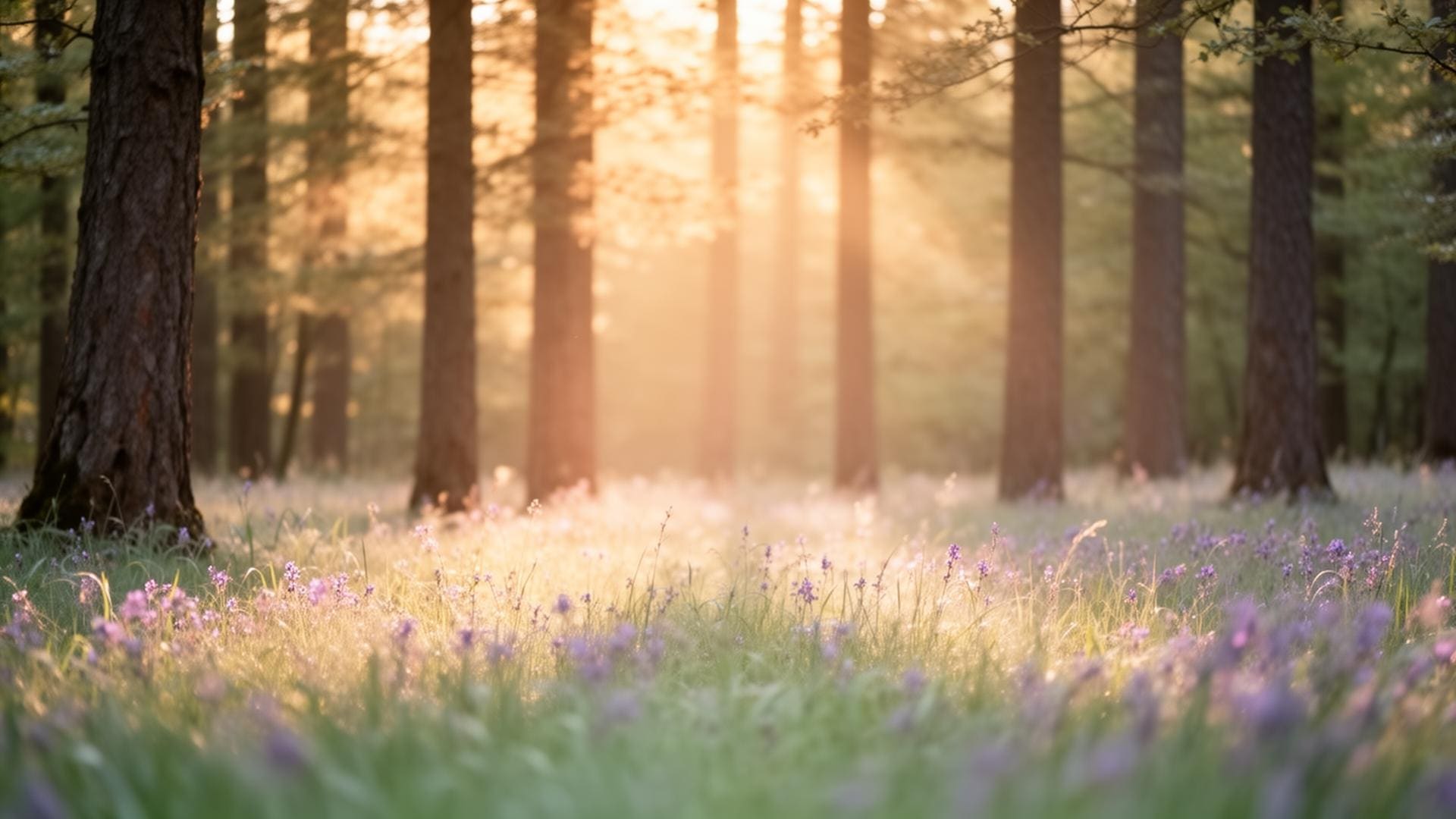 Sunlight streaming through trees in a peaceful meadow