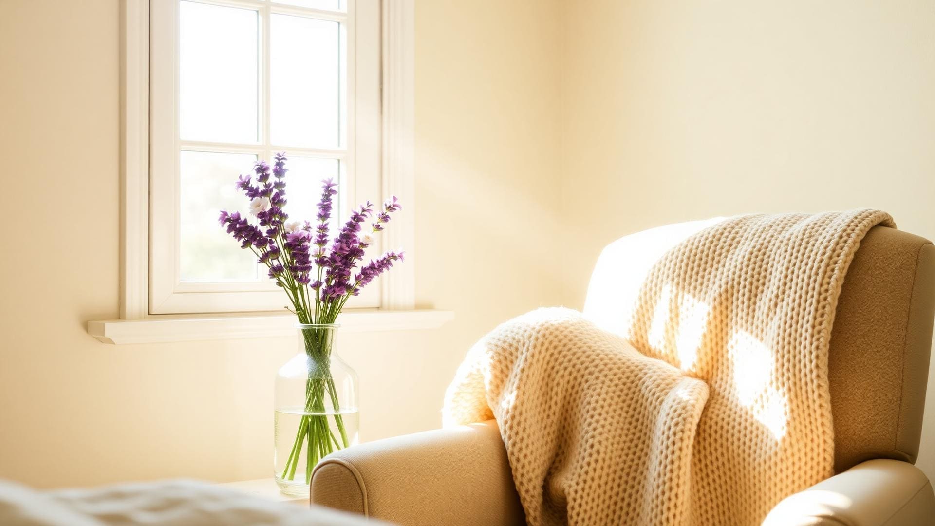 A sunlit room with lavender flowers and a cozy chair, evoking peaceful bedside companionship